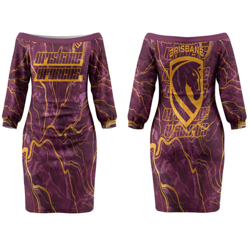 Brisbane Broncos Couples Matching Off The Shoulder Long Sleeve Dress and Hawaiian Shirt Gold Marble Pattern With Vibrant Topography Lines