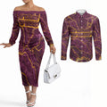 Brisbane Broncos Couples Matching Off The Shoulder Long Sleeve Dress and Long Sleeve Button Shirt Gold Marble Pattern With Vibrant Topography Lines