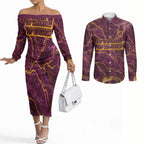 Brisbane Broncos Couples Matching Off The Shoulder Long Sleeve Dress and Long Sleeve Button Shirt Gold Marble Pattern With Vibrant Topography Lines
