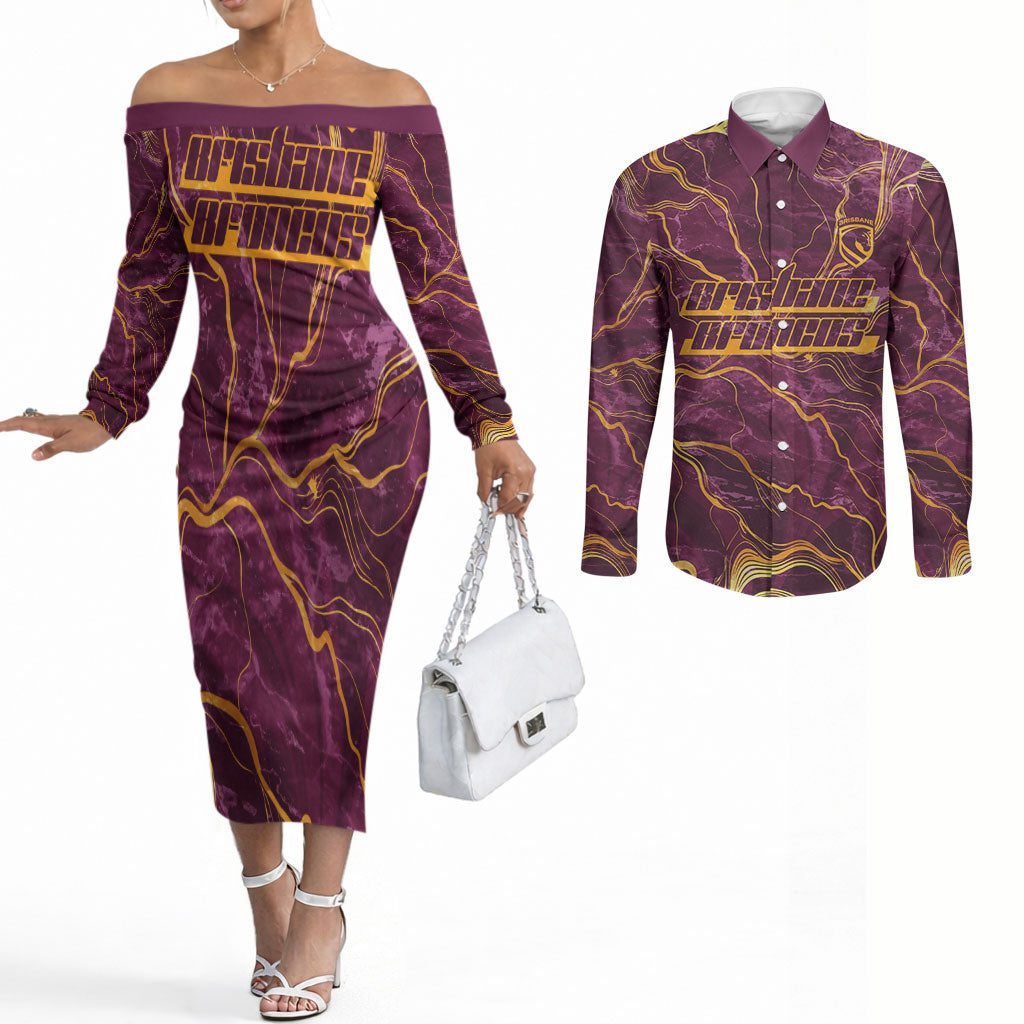 Brisbane Broncos Couples Matching Off The Shoulder Long Sleeve Dress and Long Sleeve Button Shirt Gold Marble Pattern With Vibrant Topography Lines