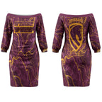 Brisbane Broncos Couples Matching Off The Shoulder Long Sleeve Dress and Long Sleeve Button Shirt Gold Marble Pattern With Vibrant Topography Lines