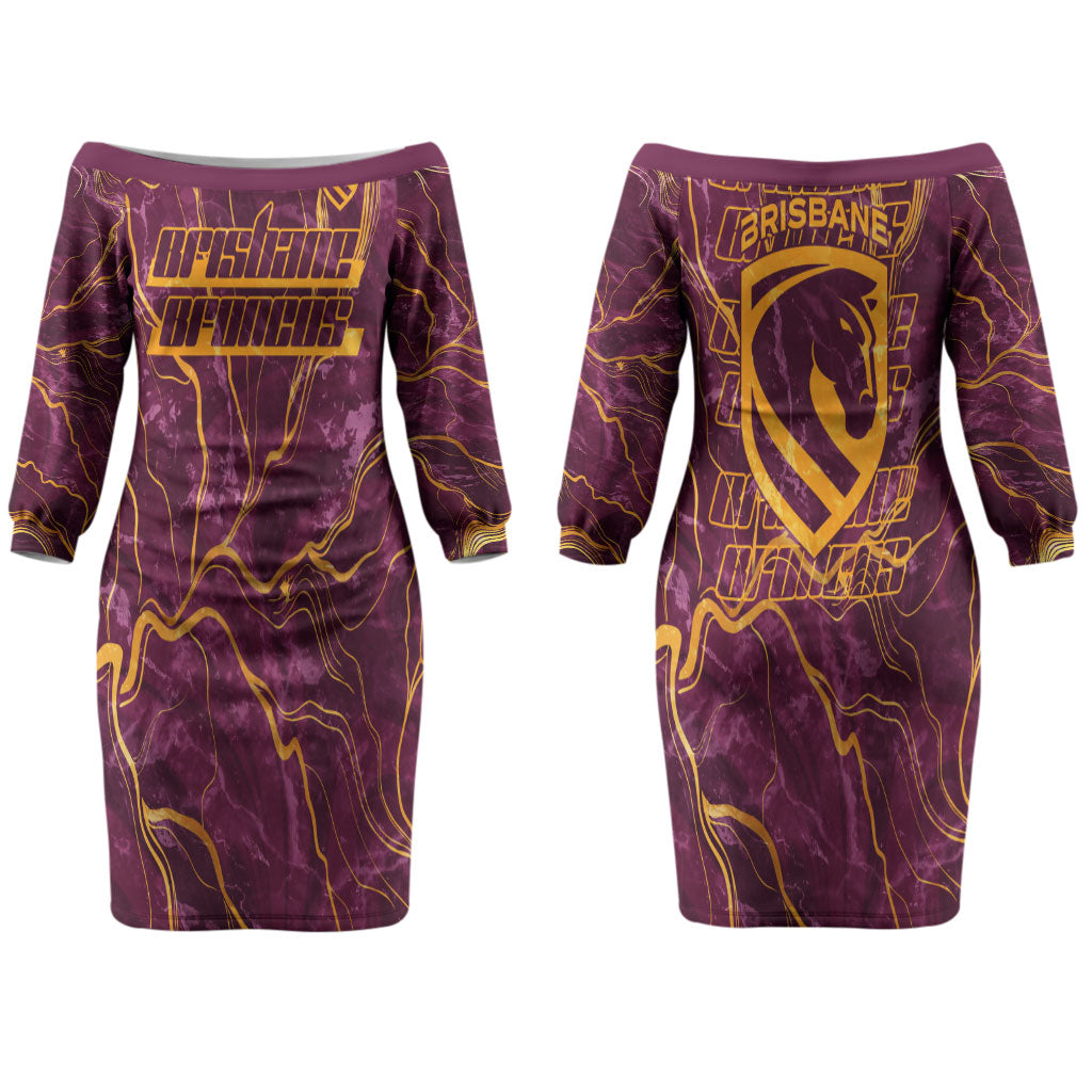 Brisbane Broncos Couples Matching Off The Shoulder Long Sleeve Dress and Long Sleeve Button Shirt Gold Marble Pattern With Vibrant Topography Lines