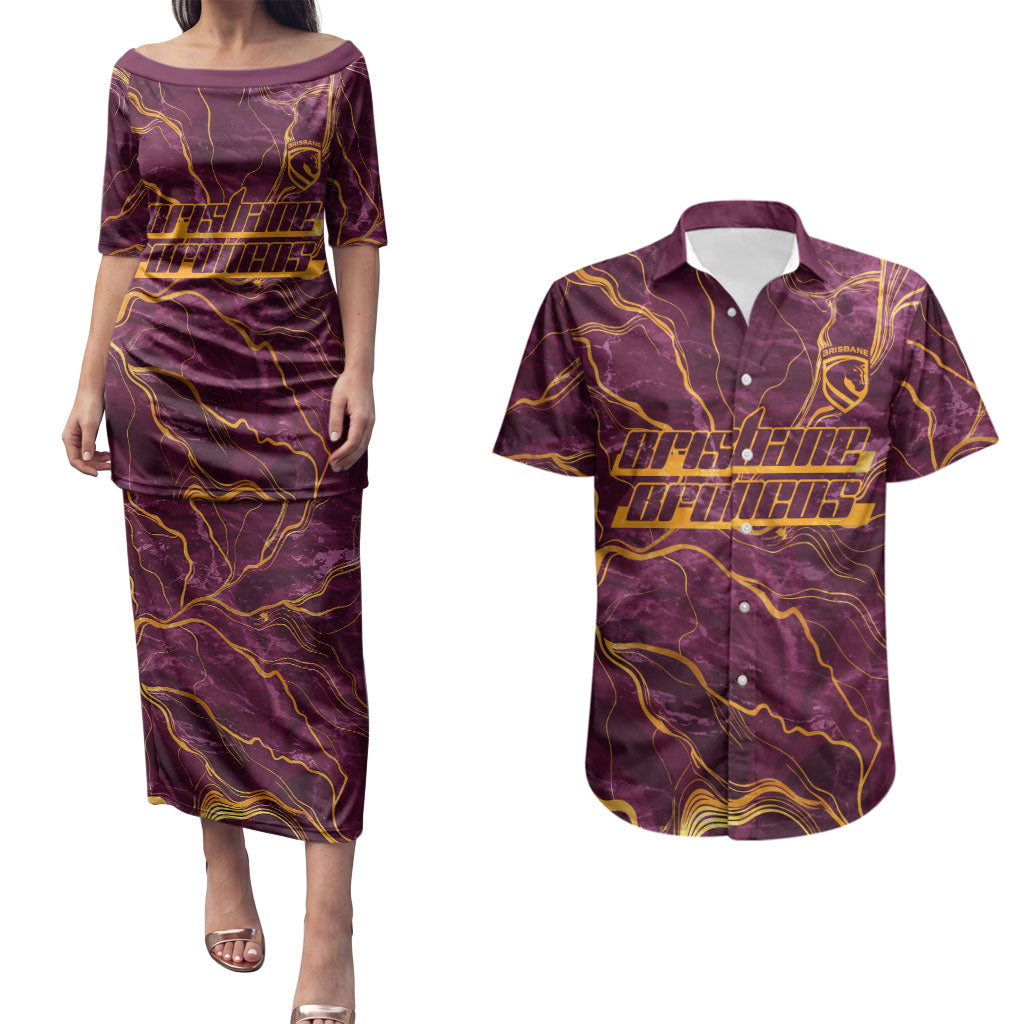 Brisbane Broncos Couples Matching Puletasi and Hawaiian Shirt Gold Marble Pattern With Vibrant Topography Lines