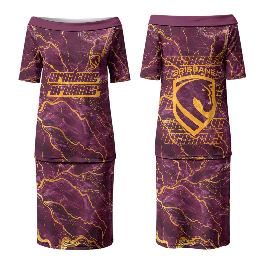 Brisbane Broncos Couples Matching Puletasi and Hawaiian Shirt Gold Marble Pattern With Vibrant Topography Lines
