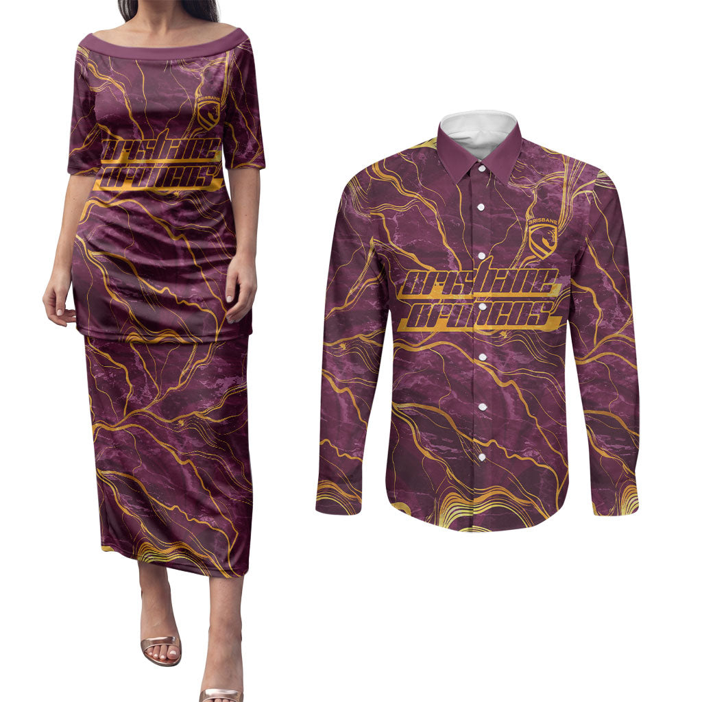 Brisbane Broncos Couples Matching Puletasi and Long Sleeve Button Shirt Gold Marble Pattern With Vibrant Topography Lines