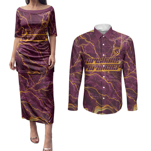 Brisbane Broncos Couples Matching Puletasi and Long Sleeve Button Shirt Gold Marble Pattern With Vibrant Topography Lines