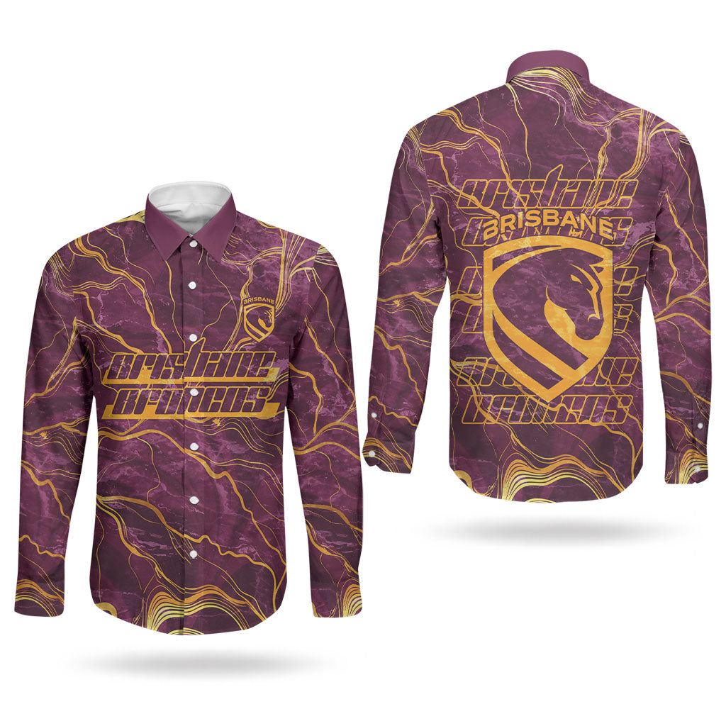 Brisbane Broncos Couples Matching Puletasi and Long Sleeve Button Shirt Gold Marble Pattern With Vibrant Topography Lines