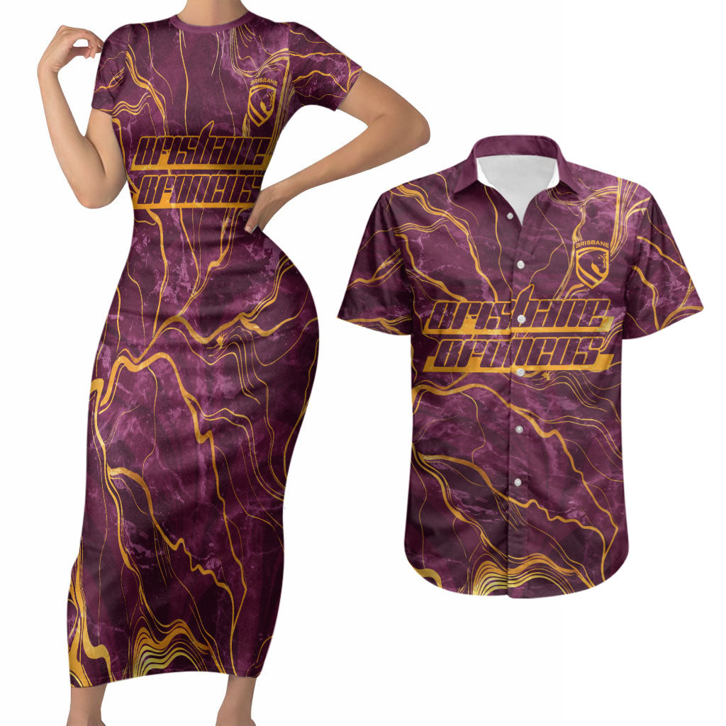 Brisbane Broncos Couples Matching Short Sleeve Bodycon Dress and Hawaiian Shirt Gold Marble Pattern With Vibrant Topography Lines
