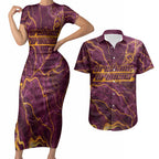 Brisbane Broncos Couples Matching Short Sleeve Bodycon Dress and Hawaiian Shirt Gold Marble Pattern With Vibrant Topography Lines
