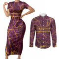 Brisbane Broncos Couples Matching Short Sleeve Bodycon Dress and Long Sleeve Button Shirt Gold Marble Pattern With Vibrant Topography Lines