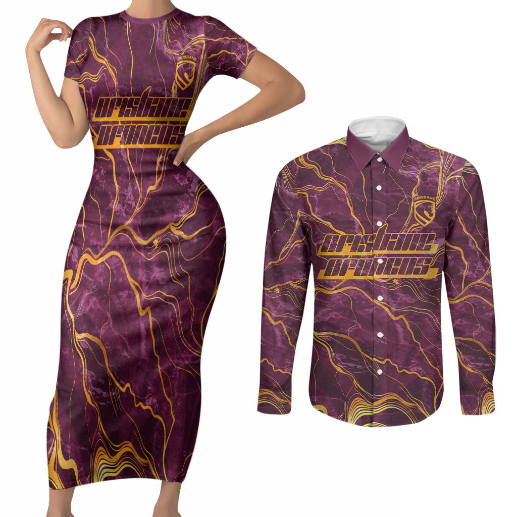 Brisbane Broncos Couples Matching Short Sleeve Bodycon Dress and Long Sleeve Button Shirt Gold Marble Pattern With Vibrant Topography Lines