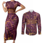 Brisbane Broncos Couples Matching Short Sleeve Bodycon Dress and Long Sleeve Button Shirt Gold Marble Pattern With Vibrant Topography Lines
