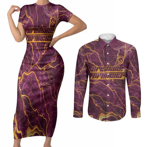 Brisbane Broncos Couples Matching Short Sleeve Bodycon Dress and Long Sleeve Button Shirt Gold Marble Pattern With Vibrant Topography Lines