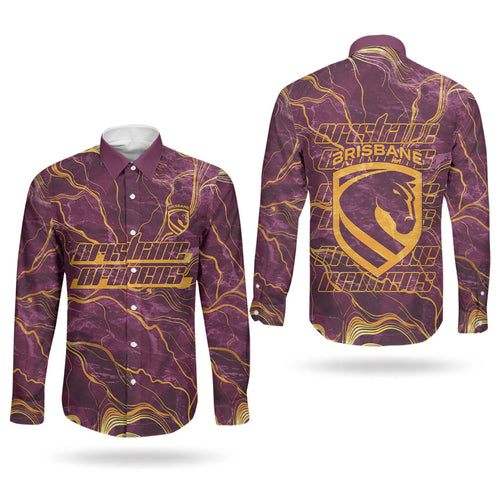 Brisbane Broncos Couples Matching Short Sleeve Bodycon Dress and Long Sleeve Button Shirt Gold Marble Pattern With Vibrant Topography Lines
