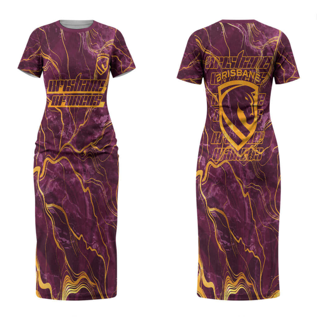Brisbane Broncos Couples Matching Short Sleeve Bodycon Dress and Long Sleeve Button Shirt Gold Marble Pattern With Vibrant Topography Lines