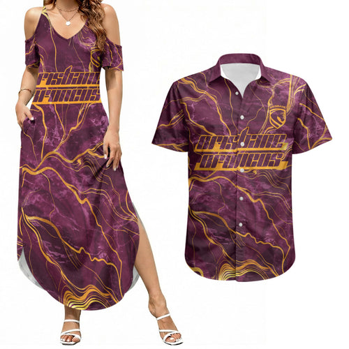 Brisbane Broncos Couples Matching Summer Maxi Dress and Hawaiian Shirt Gold Marble Pattern With Vibrant Topography Lines