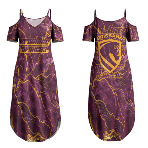 Brisbane Broncos Couples Matching Summer Maxi Dress and Hawaiian Shirt Gold Marble Pattern With Vibrant Topography Lines