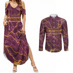 Brisbane Broncos Couples Matching Summer Maxi Dress and Long Sleeve Button Shirt Gold Marble Pattern With Vibrant Topography Lines