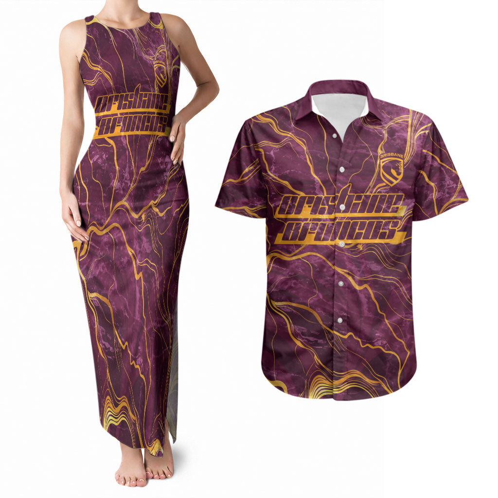 Brisbane Broncos Couples Matching Tank Maxi Dress and Hawaiian Shirt Gold Marble Pattern With Vibrant Topography Lines