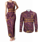 Brisbane Broncos Couples Matching Tank Maxi Dress and Long Sleeve Button Shirt Gold Marble Pattern With Vibrant Topography Lines
