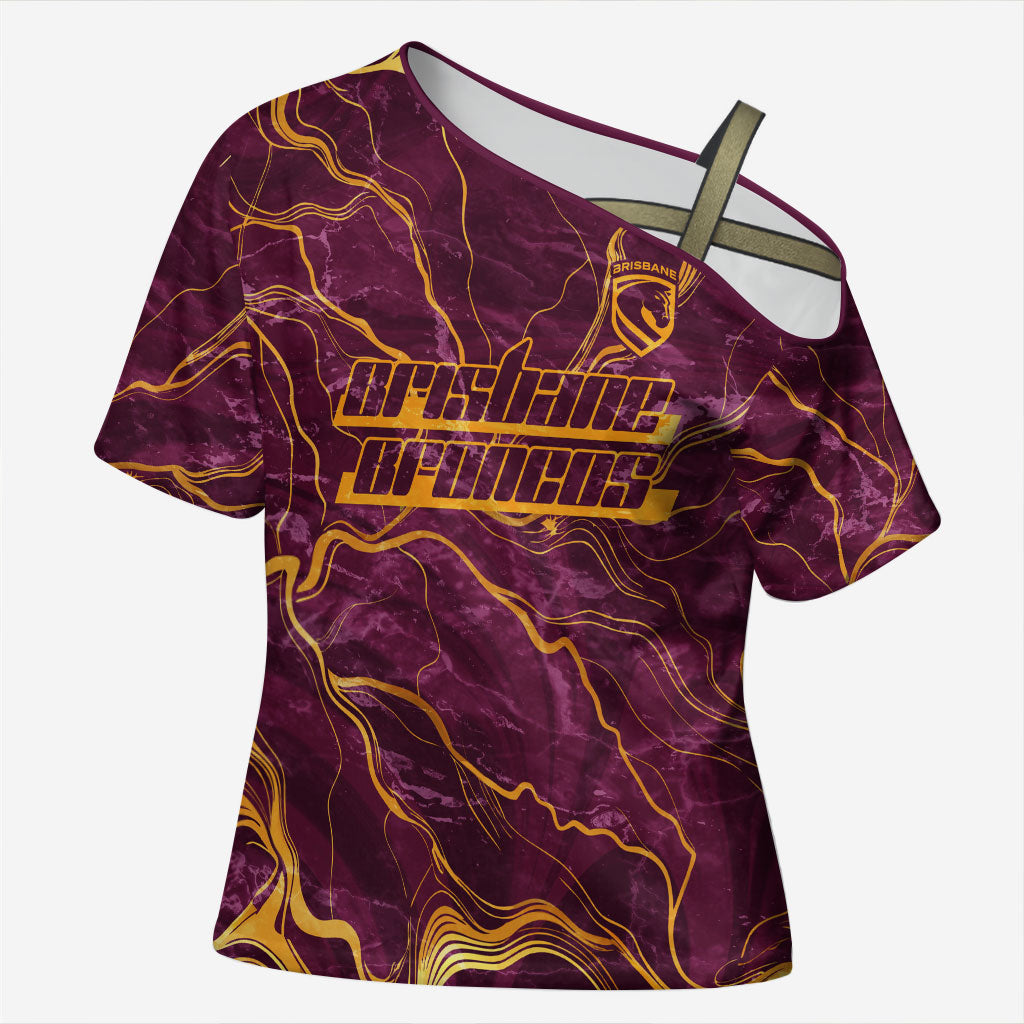 Brisbane Broncos Cross Shoulder Shirt Gold Marble Pattern With Vibrant Topography Lines