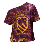 Brisbane Broncos Cross Shoulder Shirt Gold Marble Pattern With Vibrant Topography Lines