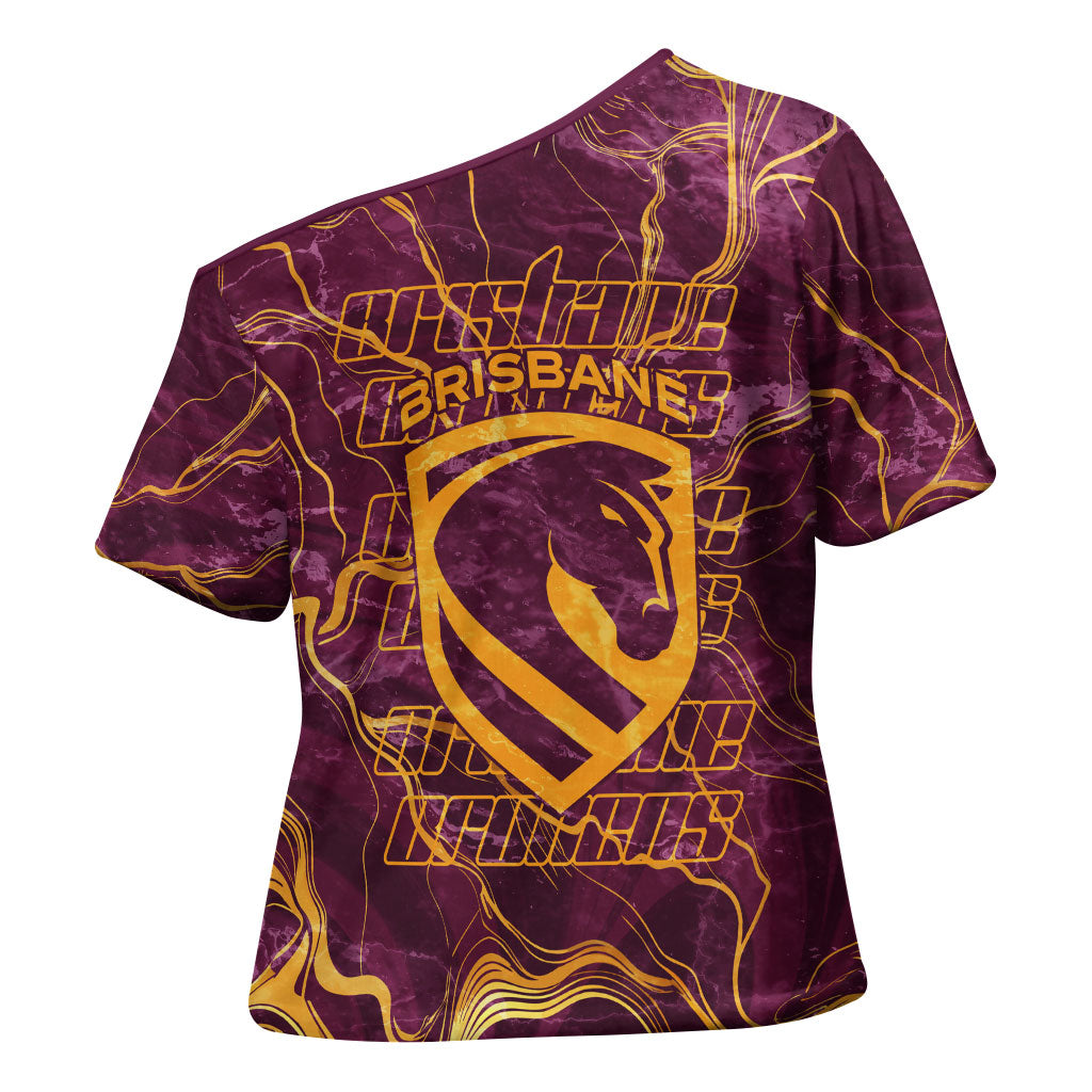 Brisbane Broncos Cross Shoulder Shirt Gold Marble Pattern With Vibrant Topography Lines