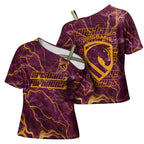 Brisbane Broncos Cross Shoulder Shirt Gold Marble Pattern With Vibrant Topography Lines