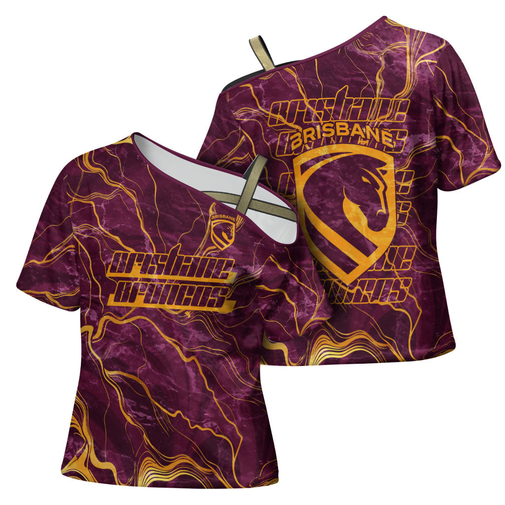 Brisbane Broncos Cross Shoulder Shirt Gold Marble Pattern With Vibrant Topography Lines