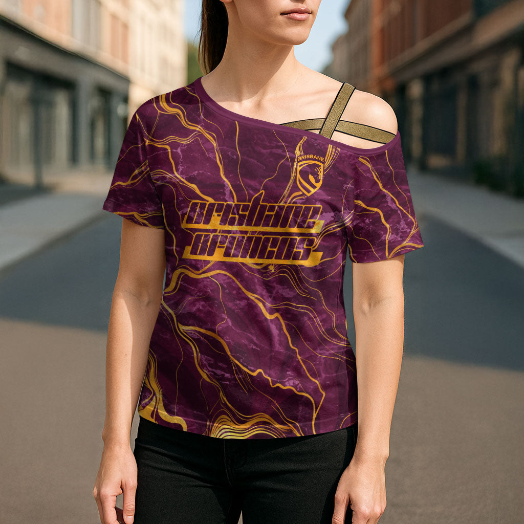 Brisbane Broncos Cross Shoulder Shirt Gold Marble Pattern With Vibrant Topography Lines