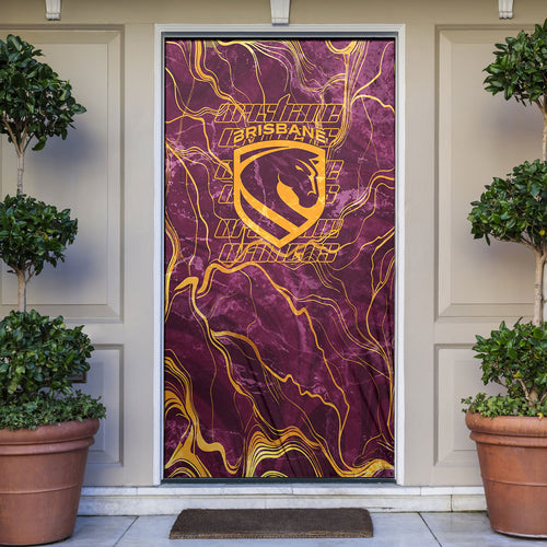 Brisbane Broncos Door Cover Gold Marble Pattern With Vibrant Topography Lines