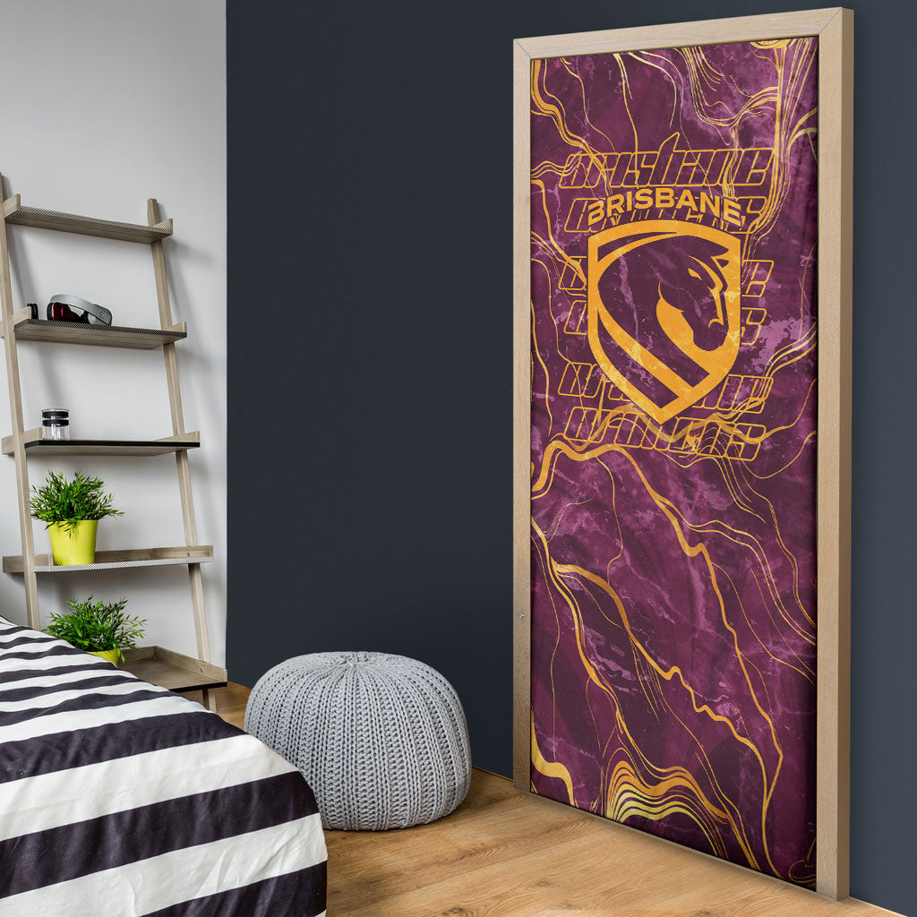 Brisbane Broncos Door Cover Gold Marble Pattern With Vibrant Topography Lines