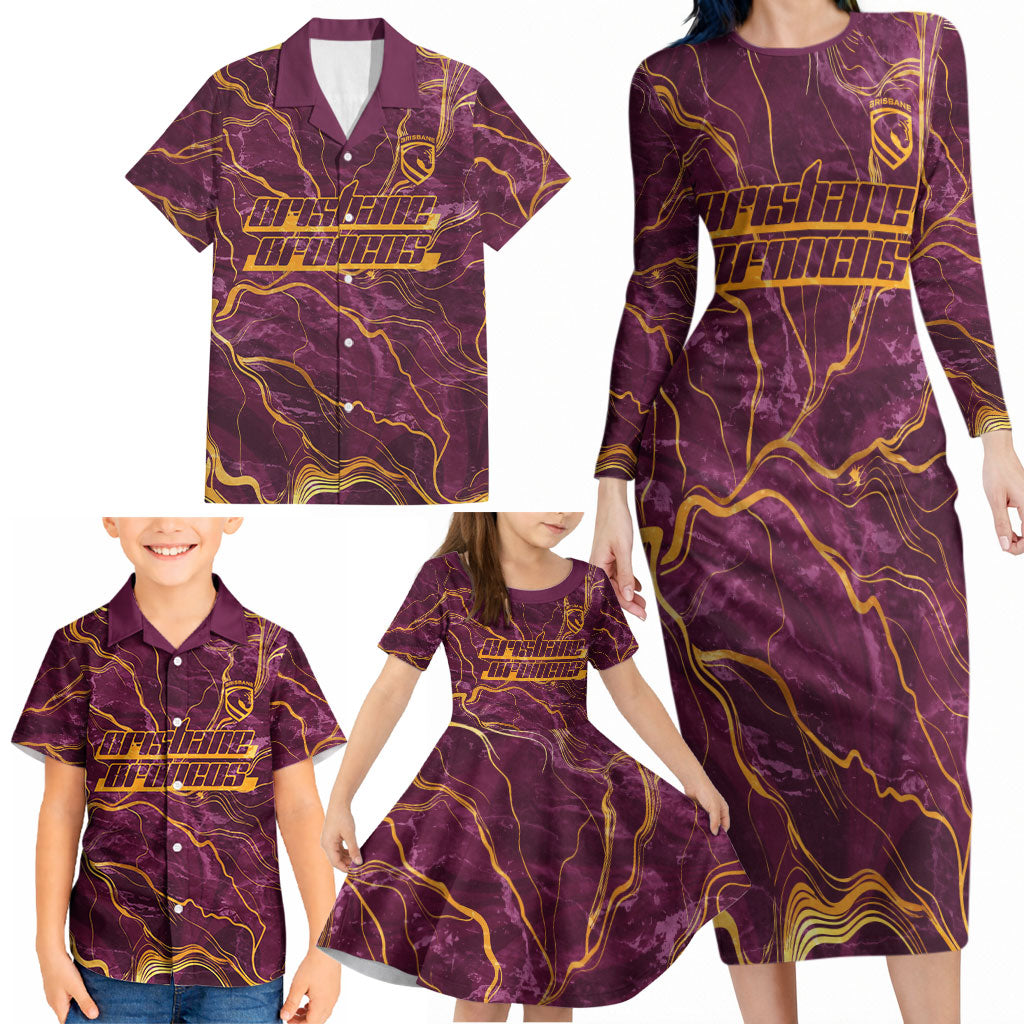 Brisbane Broncos Family Matching Long Sleeve Bodycon Dress and Hawaiian Shirt Gold Marble Pattern With Vibrant Topography Lines