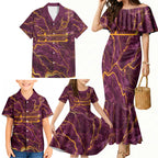 Brisbane Broncos Family Matching Mermaid Dress and Hawaiian Shirt Gold Marble Pattern With Vibrant Topography Lines