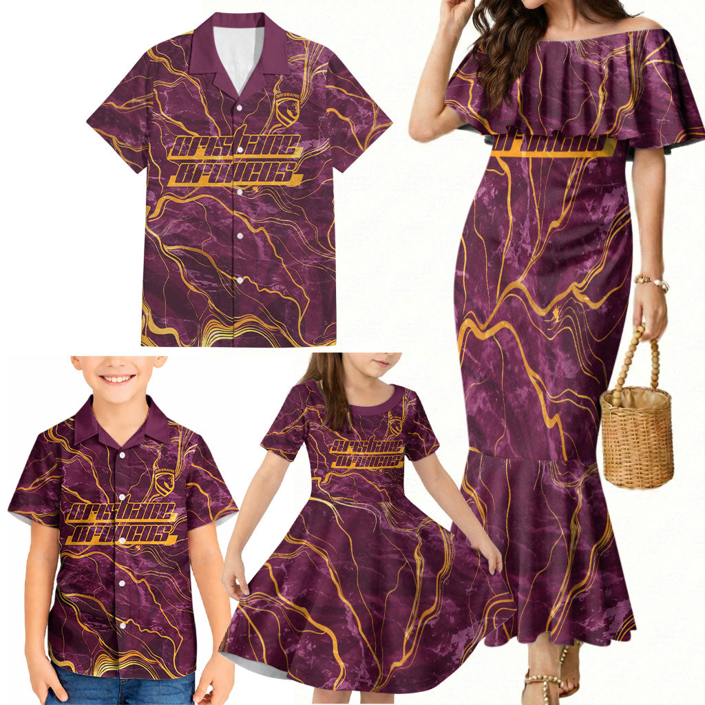 Brisbane Broncos Family Matching Mermaid Dress and Hawaiian Shirt Gold Marble Pattern With Vibrant Topography Lines
