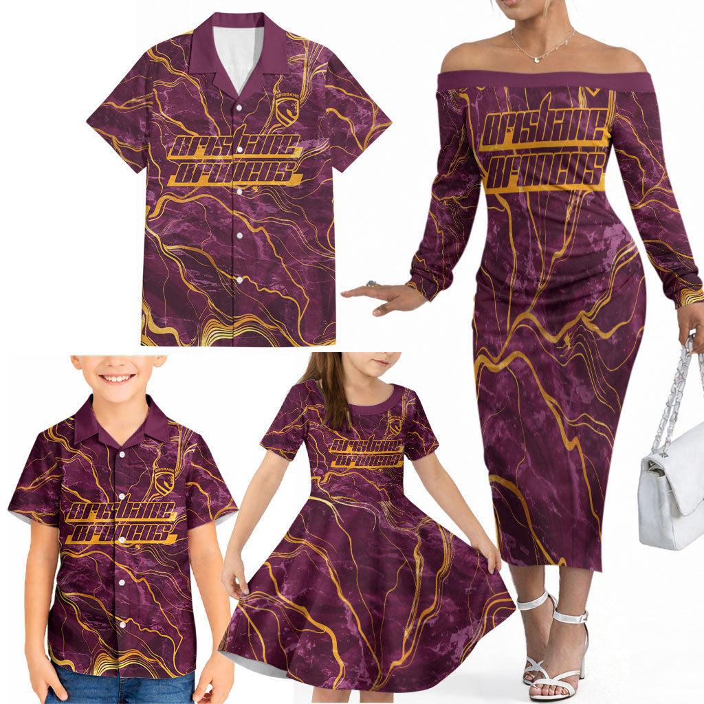 Brisbane Broncos Family Matching Off The Shoulder Long Sleeve Dress and Hawaiian Shirt Gold Marble Pattern With Vibrant Topography Lines