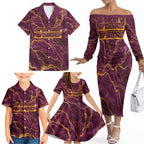 Brisbane Broncos Family Matching Off The Shoulder Long Sleeve Dress and Hawaiian Shirt Gold Marble Pattern With Vibrant Topography Lines