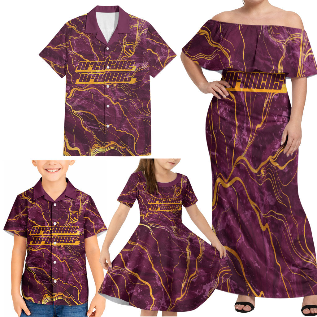 Brisbane Broncos Family Matching Off Shoulder Maxi Dress and Hawaiian Shirt Gold Marble Pattern With Vibrant Topography Lines