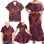 Brisbane Broncos Family Matching Off Shoulder Maxi Dress and Hawaiian Shirt Gold Marble Pattern With Vibrant Topography Lines
