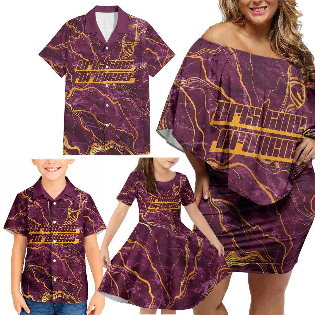 Brisbane Broncos Family Matching Off Shoulder Short Dress and Hawaiian Shirt Gold Marble Pattern With Vibrant Topography Lines