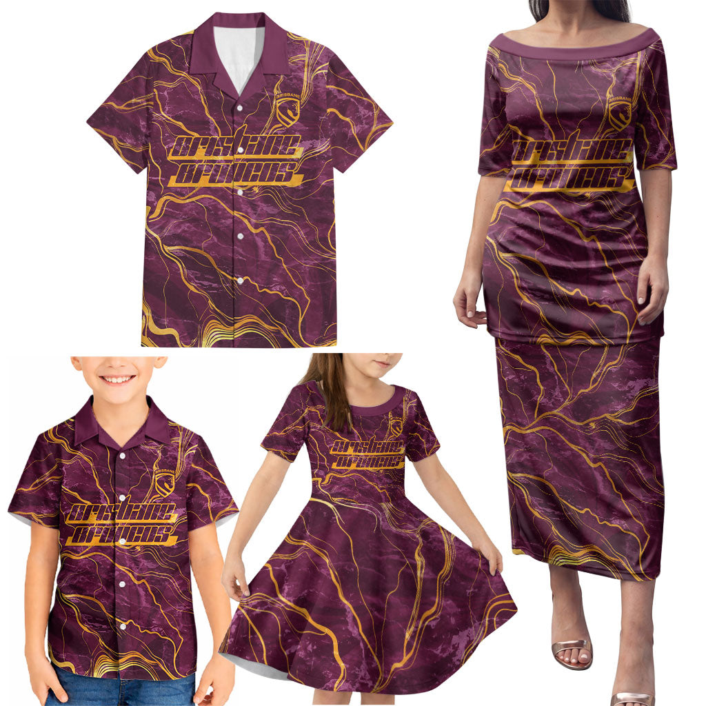 Brisbane Broncos Family Matching Puletasi and Hawaiian Shirt Gold Marble Pattern With Vibrant Topography Lines