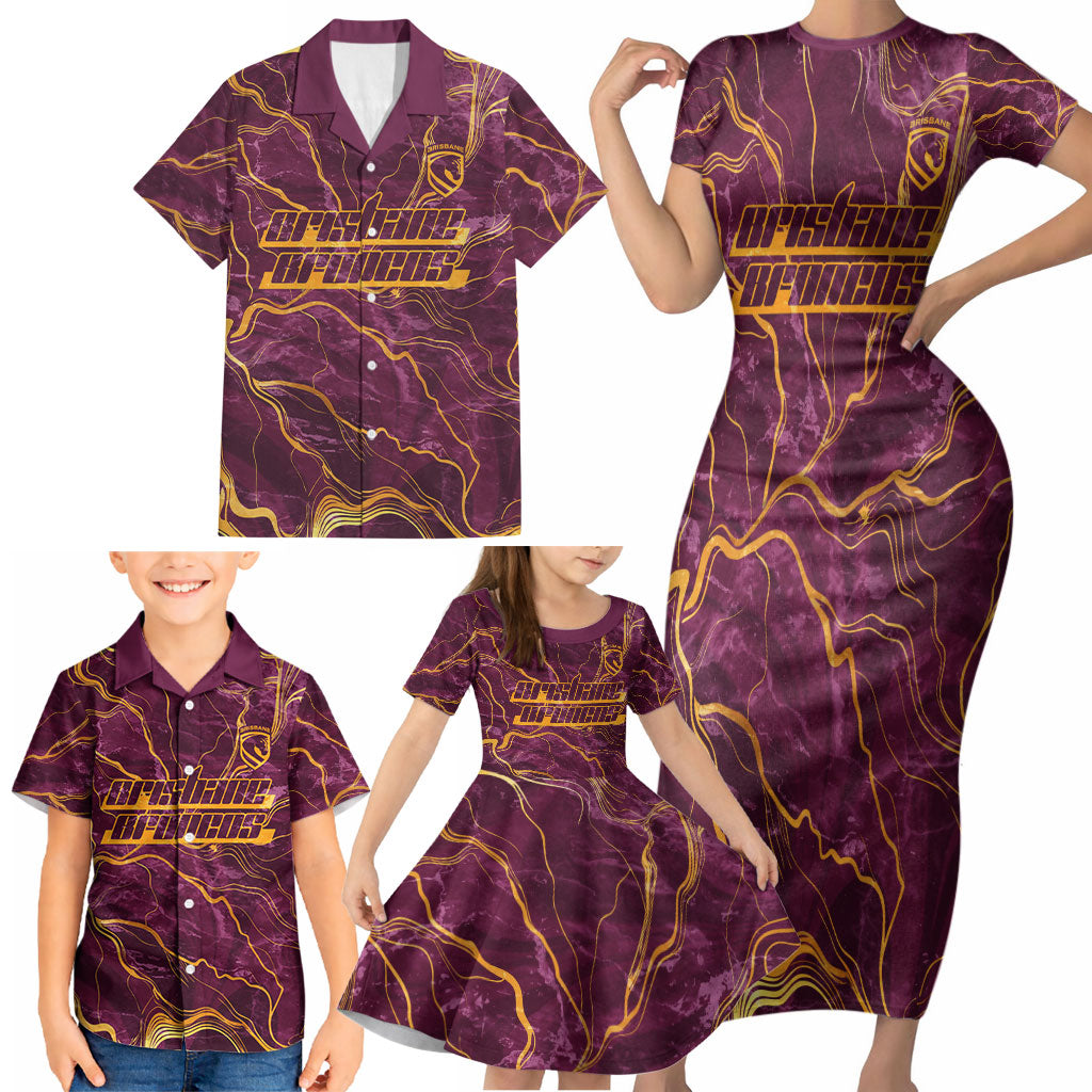 Brisbane Broncos Family Matching Short Sleeve Bodycon Dress and Hawaiian Shirt Gold Marble Pattern With Vibrant Topography Lines