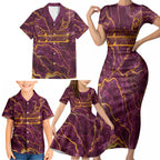 Brisbane Broncos Family Matching Short Sleeve Bodycon Dress and Hawaiian Shirt Gold Marble Pattern With Vibrant Topography Lines