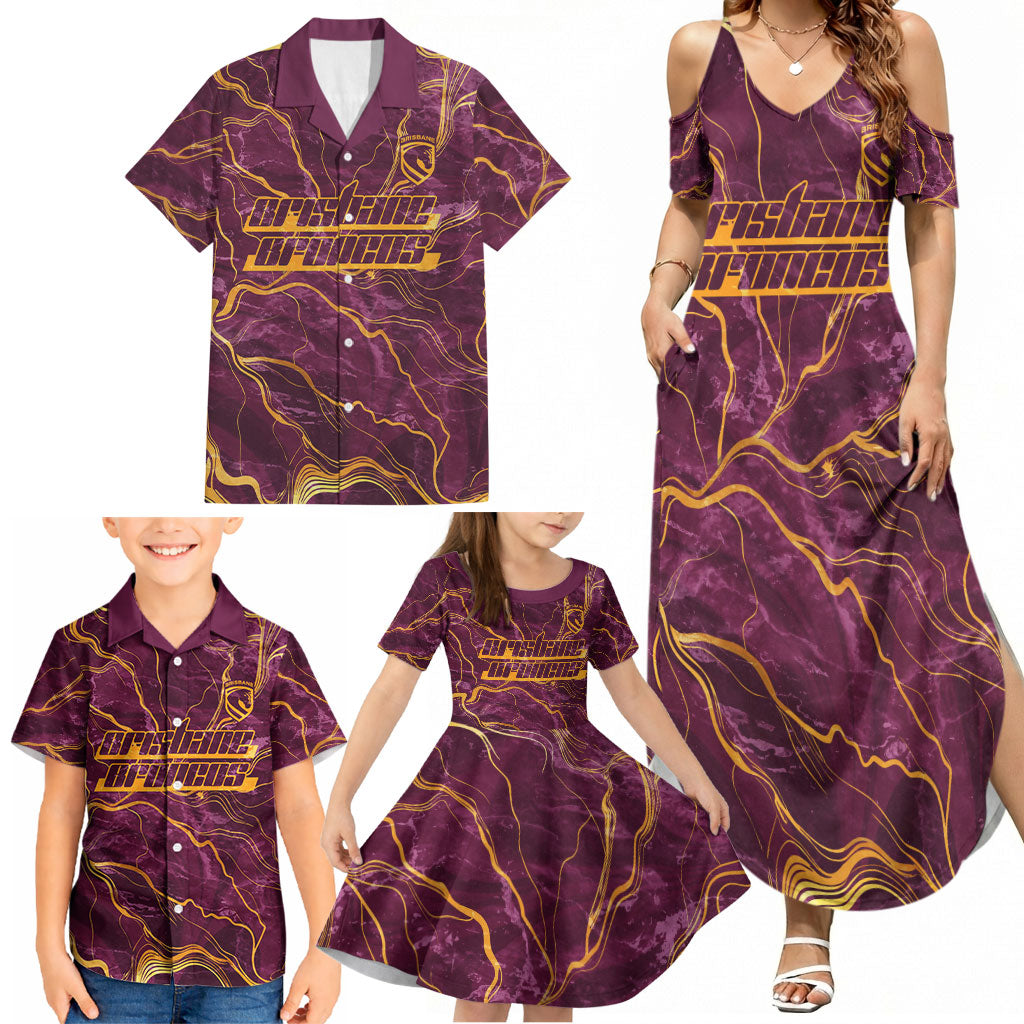 Brisbane Broncos Family Matching Summer Maxi Dress and Hawaiian Shirt Gold Marble Pattern With Vibrant Topography Lines