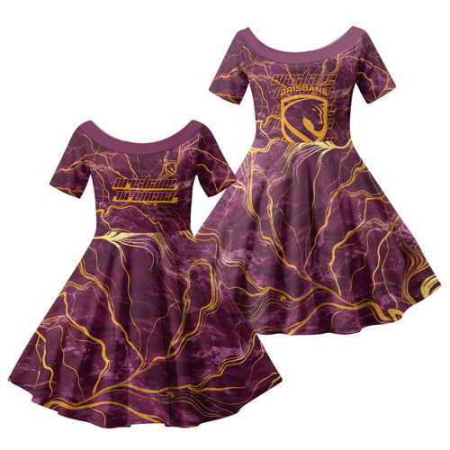 Brisbane Broncos Family Matching Summer Maxi Dress and Hawaiian Shirt Gold Marble Pattern With Vibrant Topography Lines