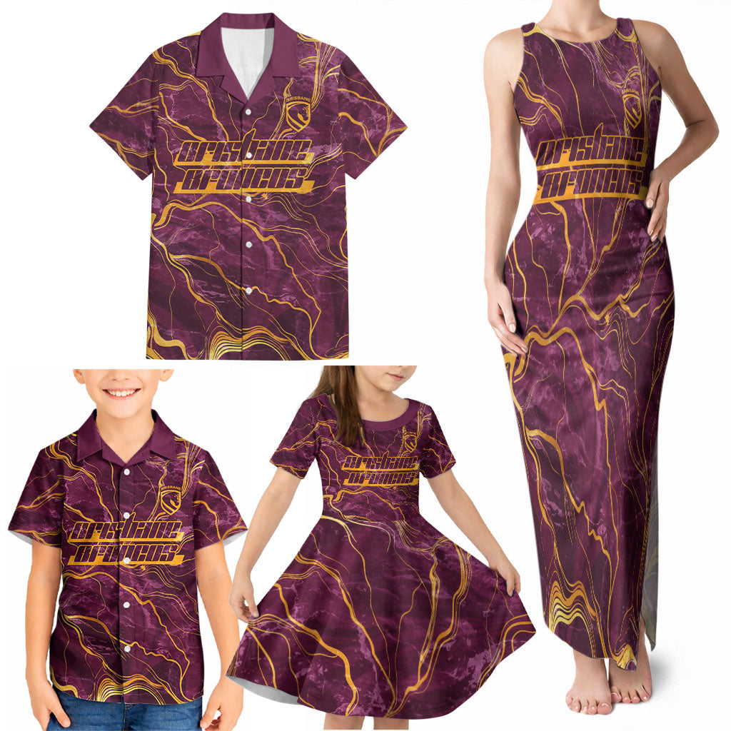 Brisbane Broncos Family Matching Tank Maxi Dress and Hawaiian Shirt Gold Marble Pattern With Vibrant Topography Lines