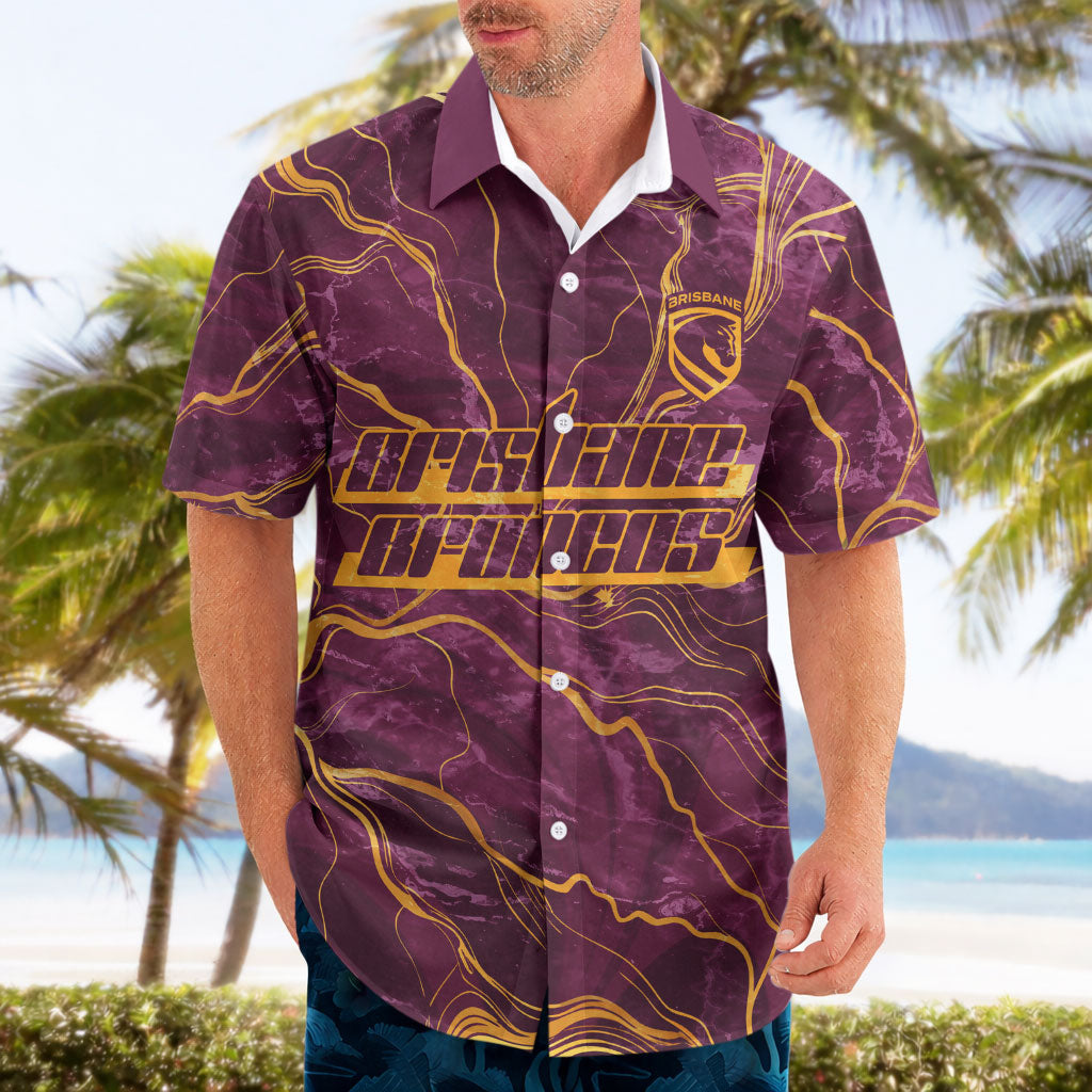 Brisbane Broncos Hawaiian Shirt Gold Marble Pattern With Vibrant Topography Lines