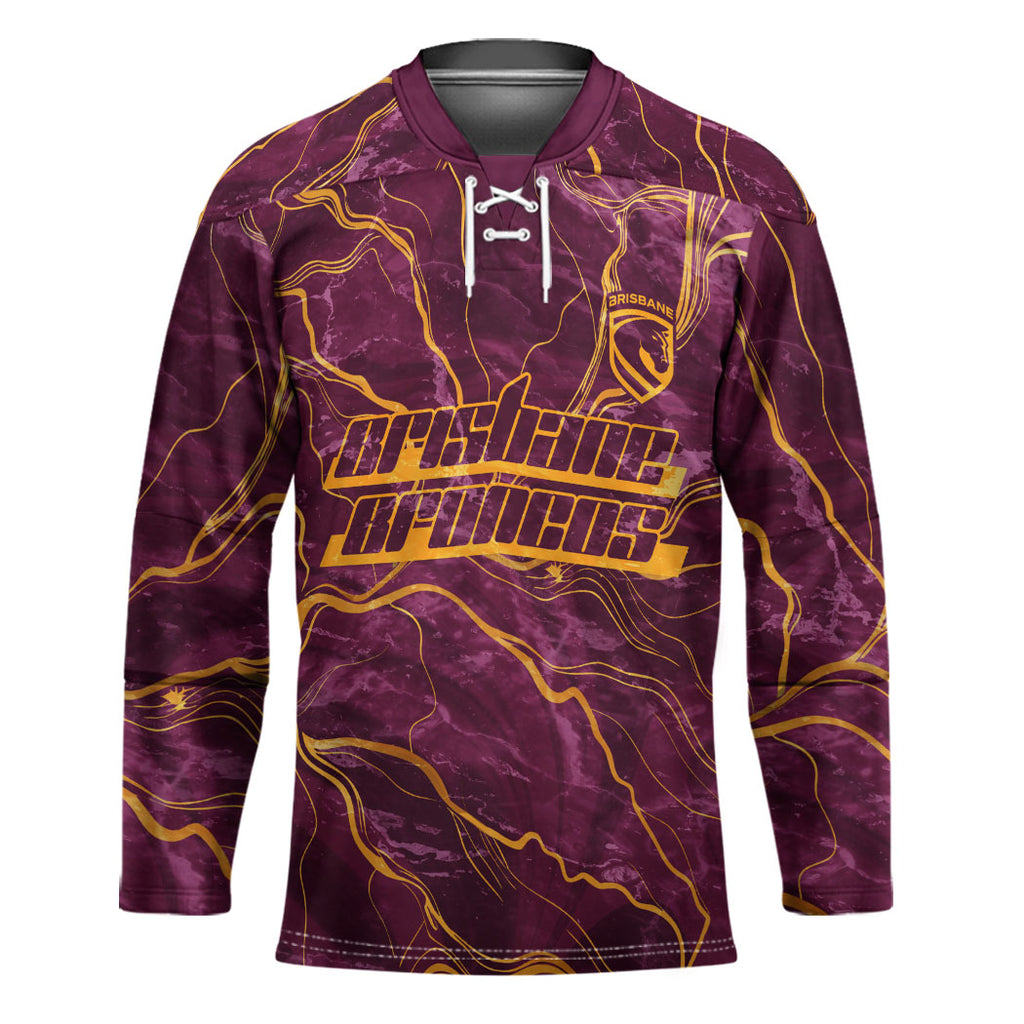 Brisbane Broncos Hockey Jersey Gold Marble Pattern With Vibrant Topography Lines