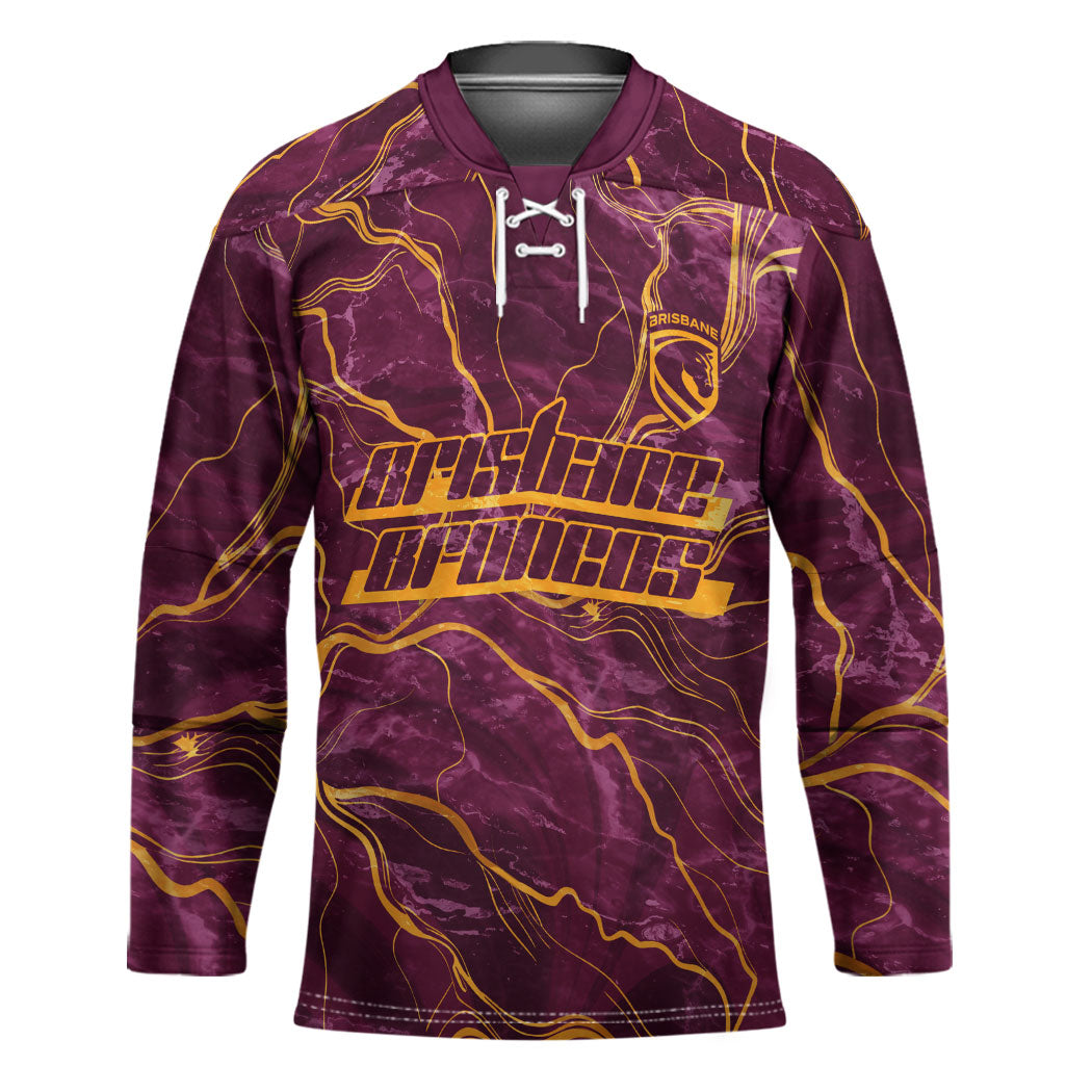 Brisbane Broncos Hockey Jersey Gold Marble Pattern With Vibrant Topography Lines