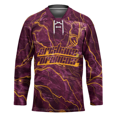 Brisbane Broncos Hockey Jersey Gold Marble Pattern With Vibrant Topography Lines